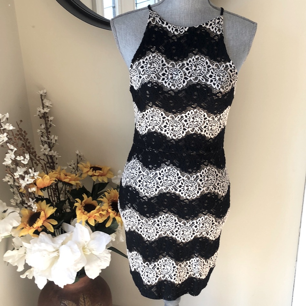 🆕Mai Tai Black & Tan Lace Striped Dress.  Size Medium